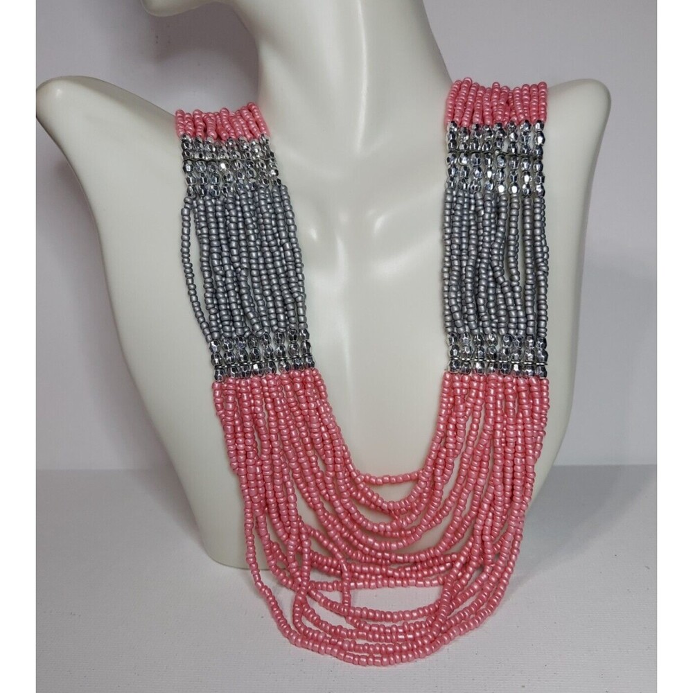 Gray & pink beads 16 strand Necklace 23"